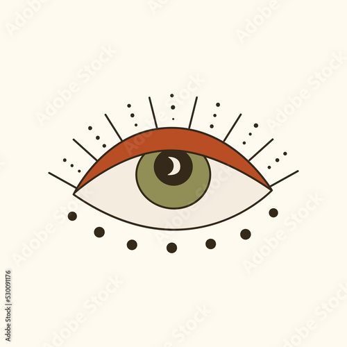 Vector 70s psychedelic eye of providence with abstract symbols. Retro groovy element for design and print. Cartoon hippy sticker. Vintage boho illustration