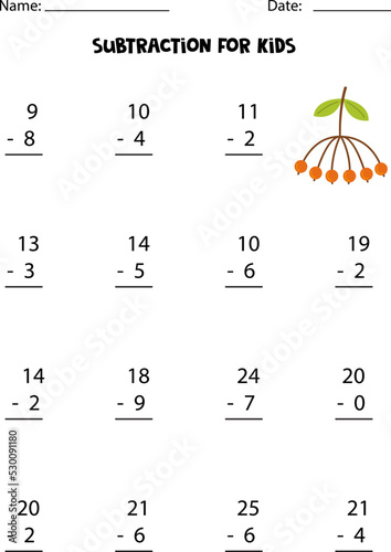 Subtraction with ash berry. Educational math game for kids.