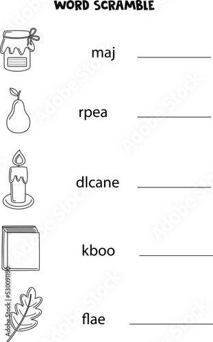 Puzzle for kids. Word scramble for children. Black and white puzzle.