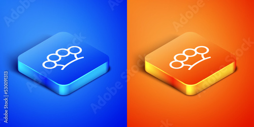 Isometric Brass knuckles icon isolated on blue and orange background. Square button. Vector