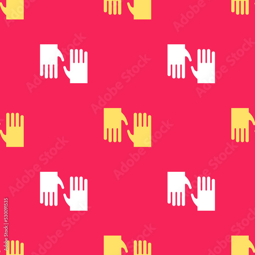 Yellow Rubber gloves icon isolated seamless pattern on red background. Latex hand protection sign. Housework cleaning equipment symbol. Vector