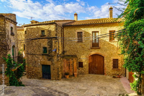 Idyllic stone buildings with climbing plants and wooden doors in the medieval village of Madremanya, Girona, Catalonia. photo