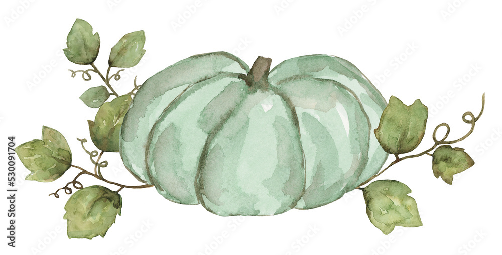 Naklejka premium Green Pumpkins with Leaves of Thanksgiving or Halloween in Autumn, Hand Painted Element