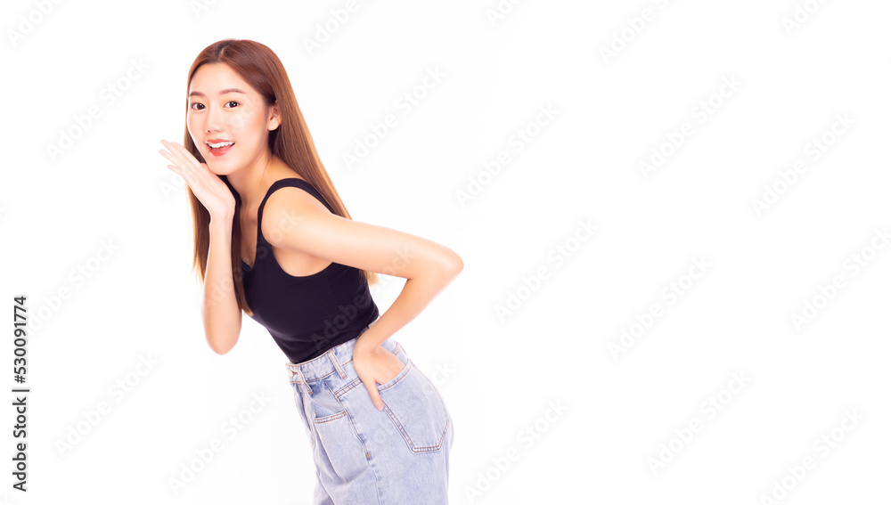 Surprised happy Asian woman looking at camera in excitement Expressive facial expressions Presenting product Beautiful girl act like a telling to customer Isolated on white background copy space Surprised happy Asian woman looking at camera in excitement Expressive facial expressions Presenting product Beautiful girl act like a telling to customer Isolated on white background copy space