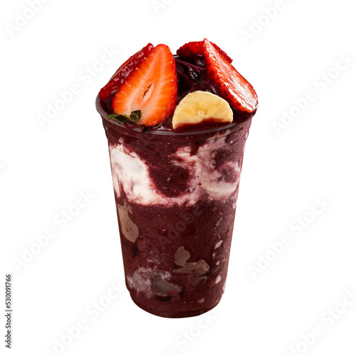 Brazilian Frozen Açai Berry Ice Cream Smoothie in plastic cup. Isolated. Front view for menu and social media