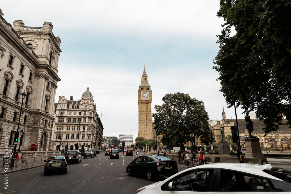 Big Ben in London UK England tower street view traffic 