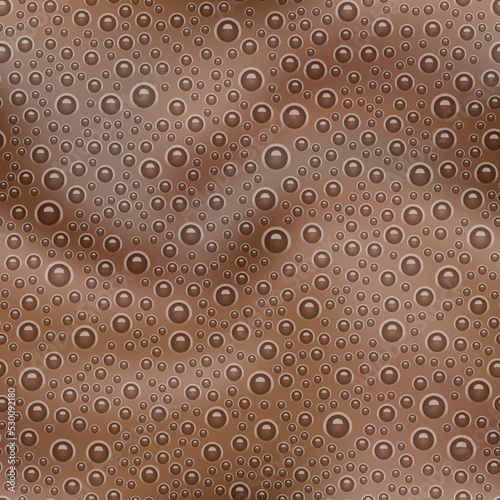 Chocolate seamless pattern with milkshake texture top view. Abstract vector background with bubbles. Cocoa and milk smoothie surface. Latte or coffee beverage. Blended frothy drink. Ice cream cocktail