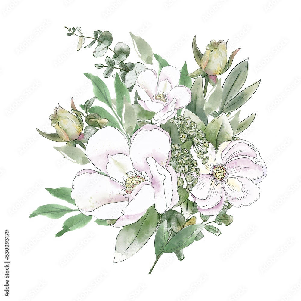 Watercolor Botanical composition of white flowers. Roses, magnolies and buds with greenery.