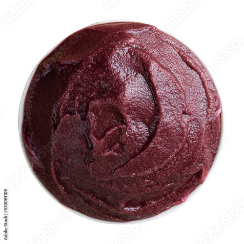 Brazilian frozen açai berry ice cream bowl isolated. Summer menu top view