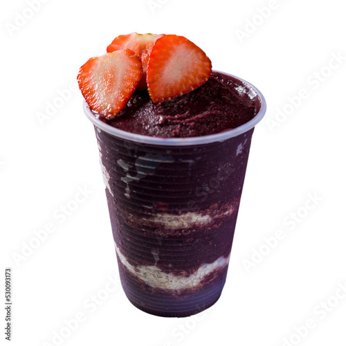 Brazilian frozen açai berry ice cream on a plastic cup with strawberry and oatmeal flakes. isolated. Summer menu front view