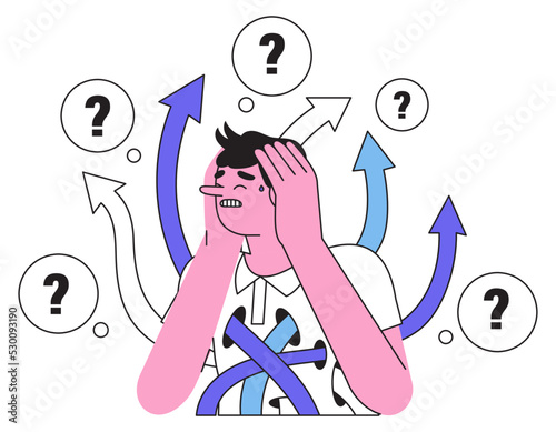 Confused person try to make difficult and hard decision or choice. Male character search for or figure out right life, business or career path or direction. Puzzled man lost way among arrows.