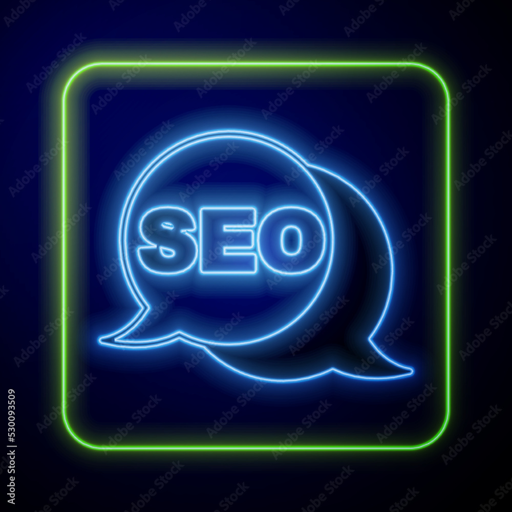 Obraz premium Glowing neon SEO optimization icon isolated on blue background. Vector