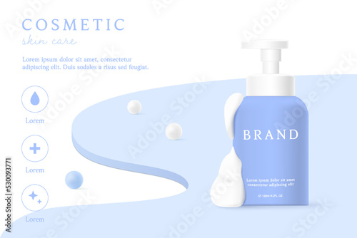 Facial cleanser and cosmetic product ad with foam.