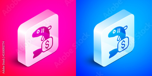 Isometric Price tag for fish icon isolated on pink and blue background. Silver square button. Vector