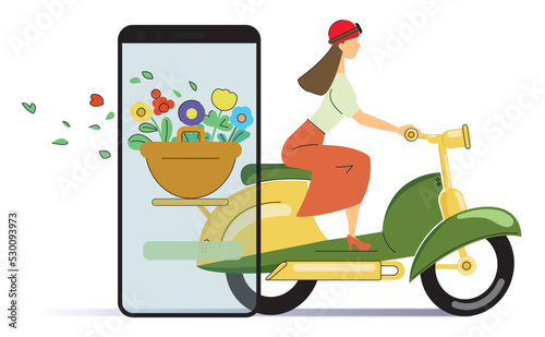 Flower delivery icon, online phone orders. Woman delivering flowers on a green motorbike