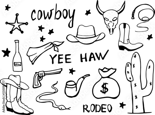 Cowboy. Wild West. Life style. Cowboy doodle. Desert. Snake. Cactus. America. Sheriff. Saloon. Binge. Hat.