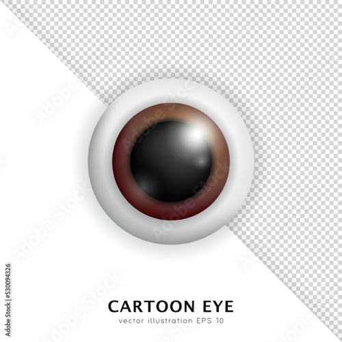Three dimensional brown eye isolated on white and transparent background. Cartoon 3d human eyeball with reflection and shadow closeup.