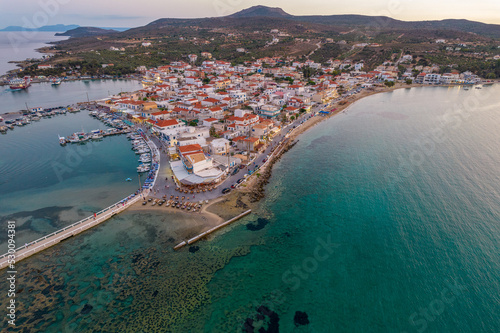 Aerial view of  Elafonisos main village during sunset. Located in south  Peloponnese Elafonisos is a small island very famous for the paradise sandy  beaches and the turquoise waters.