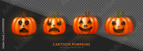 Set of three realistic 3D orange pumpkins with tricky face. Cartoon creepy Halloween squash. Shinny Autumn decoration of carved turnip, three dimensional gourd with green stem. Spooky Jack-o-lanterns