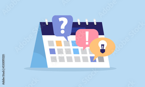 Planning concept. Work tasks, making schedule using calendar. Business and organization, graph, timetable, list, roster. Problems, ideas, solutions Flat design, vector illustration