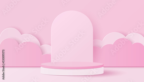 Paper art and digital craft style of pink cylinder podium with clouds for products display presentation, mock up, show cosmetic. Vector illustration