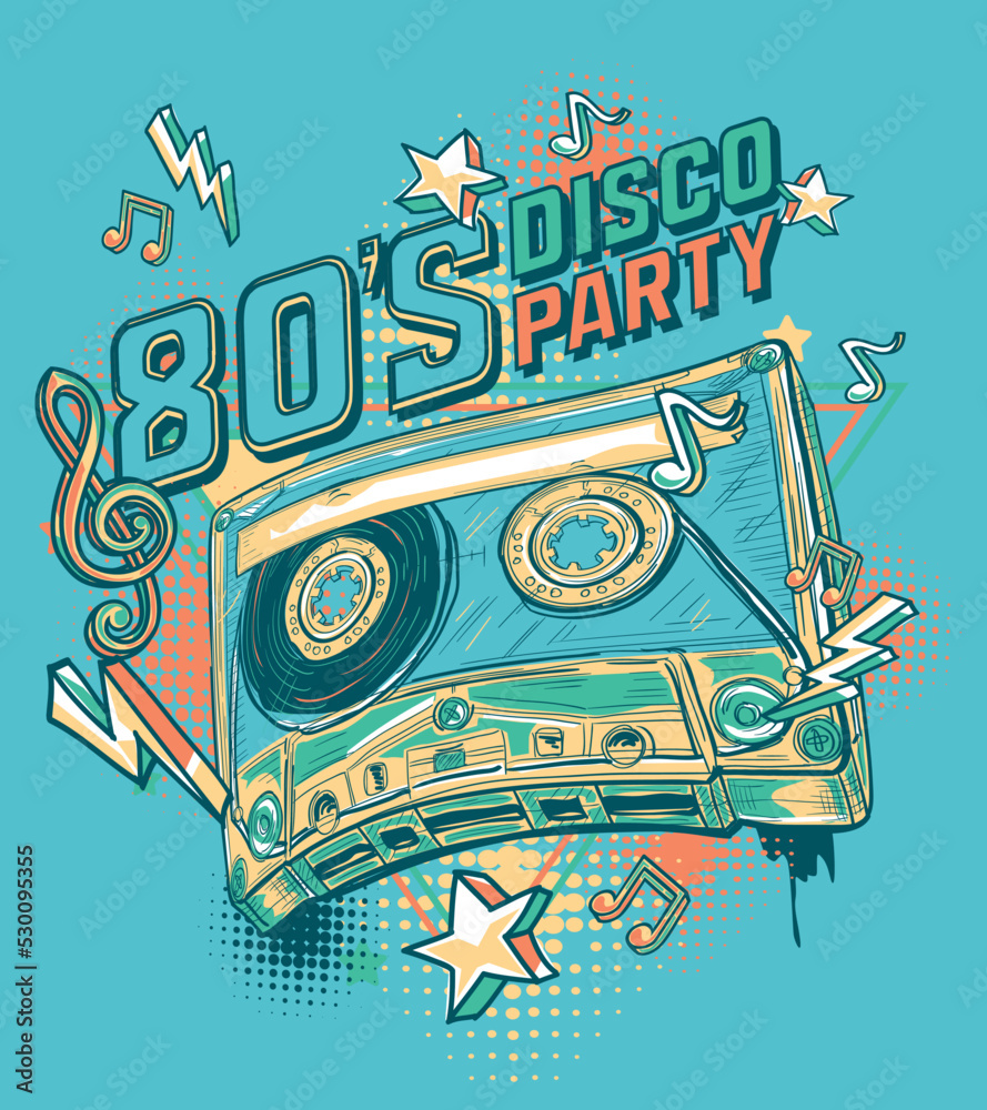 80s disco party - funky colorful music design with audio cassette