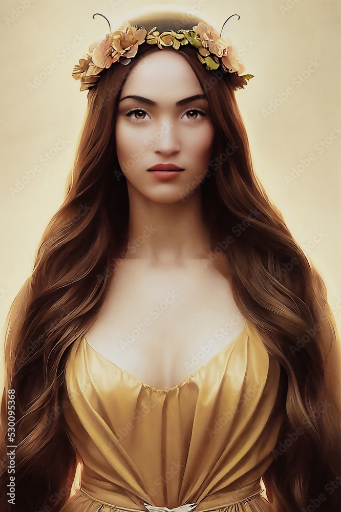 Portrait of a queen bee with beautiful brown eyes and long wavy hair. She  is dressed in a yellow honey-coloured dress with an exposed décolletage  with not inconsiderable breasts. Stock Photo