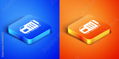 Isometric Video graphic card icon isolated on blue and orange background. Square button. Vector