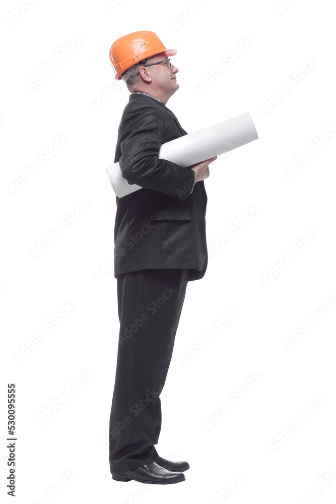 Successful male architect with plans of the building Successful male architect with plans of the building
