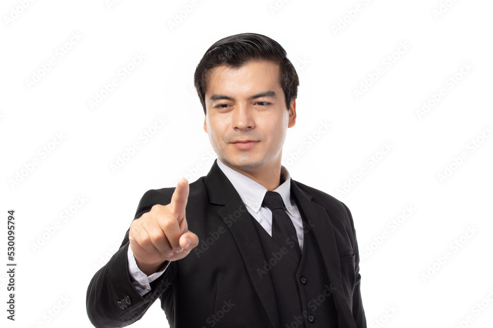 Portrait happy young business man touching in empty screen isolated on white background. Portrait happy young business man touching in empty screen isolated on white background.