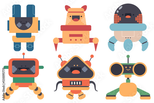 Cute robots vector cartoon characters set isolated on a white background.