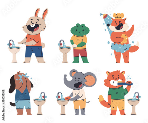 Animal kids hygiene, washing hand vector cartoon characters set isolated on a white background.
