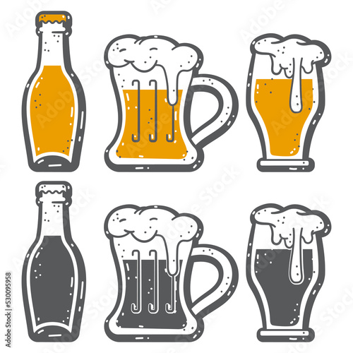 Beer mugs and bottles vector cartoon icons set isolated on a white background.