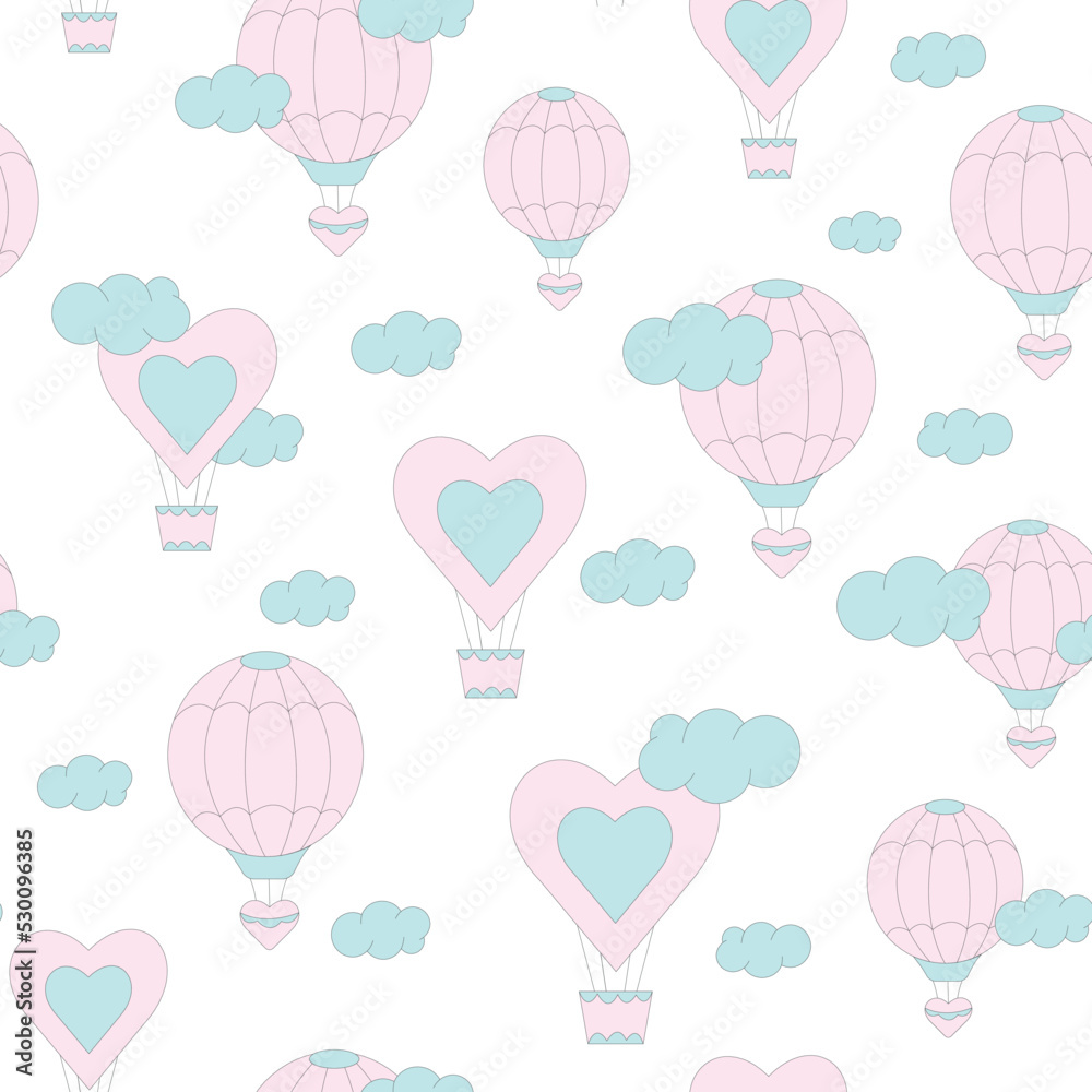 Vector flat cute seamless pattern of air balloons in pastel colors with clouds on a white background.
