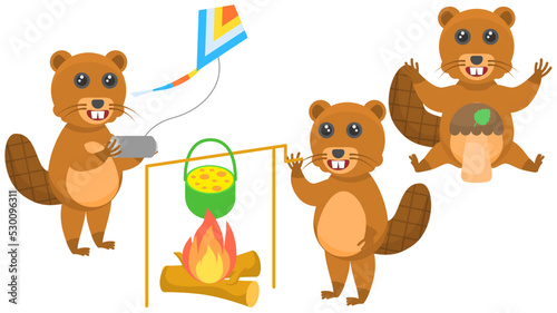 Set Abstract Collection Flat Cartoon Different Animal Beavers Launches A Kite  Cooks Stew On The Fire  Found A Mushroom Style Elements Fauna Wildlife