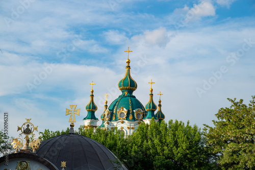 Fotobehang orthodox christianity religion church in kyiv with cupolas and crosses