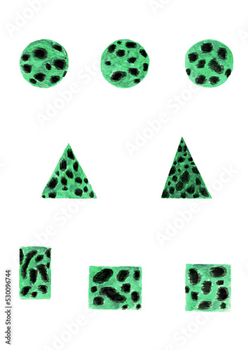 watercolor set cheetah green fur in geometric shapes, cat texture, for design, prints and wallpaper on white background	