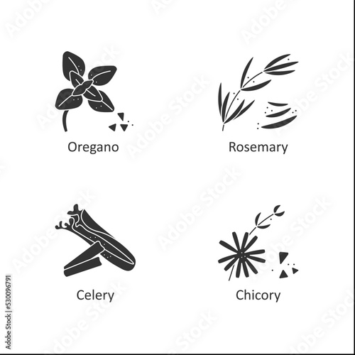 Herbs and spices glyph icons set. Different types of seasoning. Oregano, rosemary, celery, chicory.Food preparation concept. Filled flat sign. Isolated silhouette vector illustration