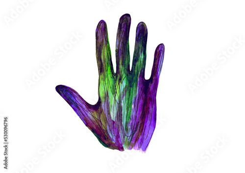 Watercolor right palm, human hand, colorful pattern, illustration isolated for your design