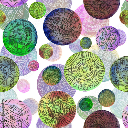 Watercolor pattern geometry circle, colorful ball, seamless for the holiday and your design, illustration hand drawn