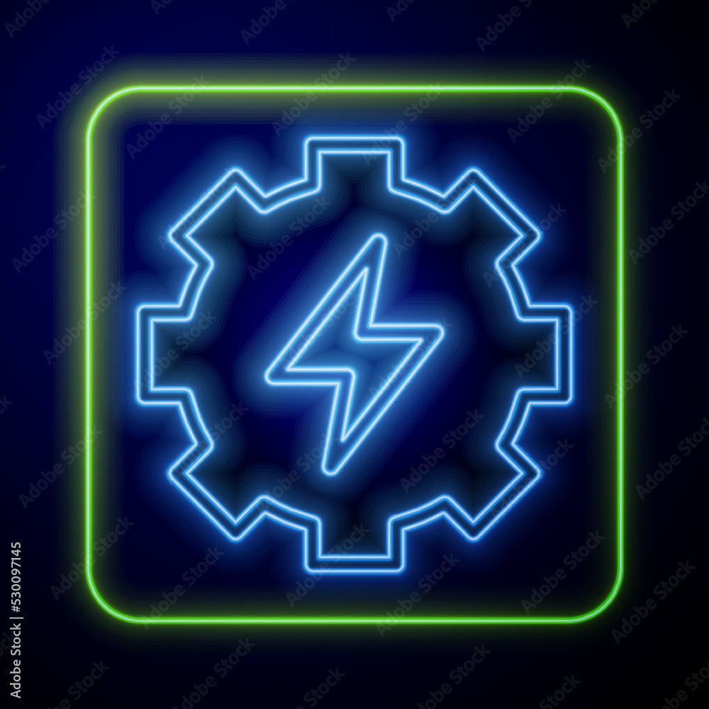 Glowing neon Gear and lightning icon isolated on blue background. Electric power. Lightning bolt sign. Vector Glowing neon Gear and lightning icon isolated on blue background. Electric power. Lightning bolt sign. Vector