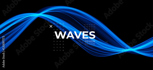 Blue abstract wave. Magic line design. Flow curve motion element. Neon gradient wavy illiustration.