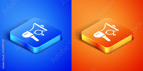 Isometric Female movement, feminist activist with banner and placards icon isolated on blue and orange background. Feminist rights movement, feminism sisterhood. Square button. Vector
