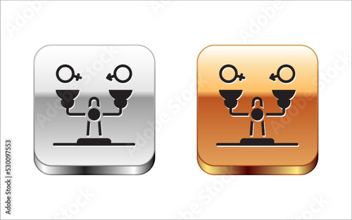 Black Gender equality icon isolated on white background. Equal pay and opportunity business concept. Silver and gold square buttons. Vector