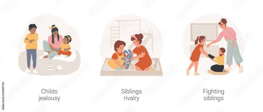 Siblings problems isolated cartoon vector illustration set. Child jealousy, resentful kid, lack of attention, siblings rivalry, toddlers tear the toy apart, children fighting vector cartoon. Siblings problems isolated cartoon vector illustration set. Child jealousy, resentful kid, lack of attention, siblings rivalry, toddlers tear the toy apart, children fighting vector cartoon.