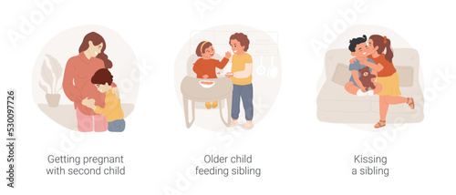 Growing family isolated cartoon vector illustration set. Woman pregnant with second child, happy motherhood, older kid feeding baby, kissing a sibling, show affection, family life vector cartoon.