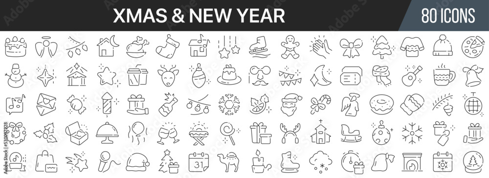 Xmas and New Year line icons collection. Big UI icon set in a flat design. Thin outline icons pack. Vector illustration EPS10 Xmas and New Year line icons collection. Big UI icon set in a flat design. Thin outline icons pack. Vector illustration EPS10
