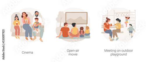 Going out with friends isolated cartoon vector illustration set. Watch movie together, eat popcorn, going to the open air cinema, meeting on outdoor playground, children play vector cartoon. © Vector Juice