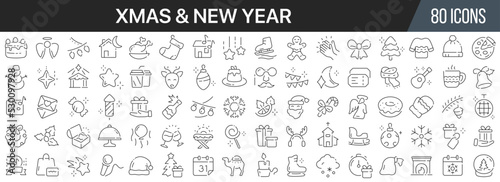 Xmas and New Year line icons collection. Big UI icon set in a flat design. Thin outline icons pack. Vector illustration EPS10