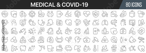 Medical and covid-19 line icons collection. Big UI icon set in a flat design. Thin outline icons pack. Vector illustration EPS10